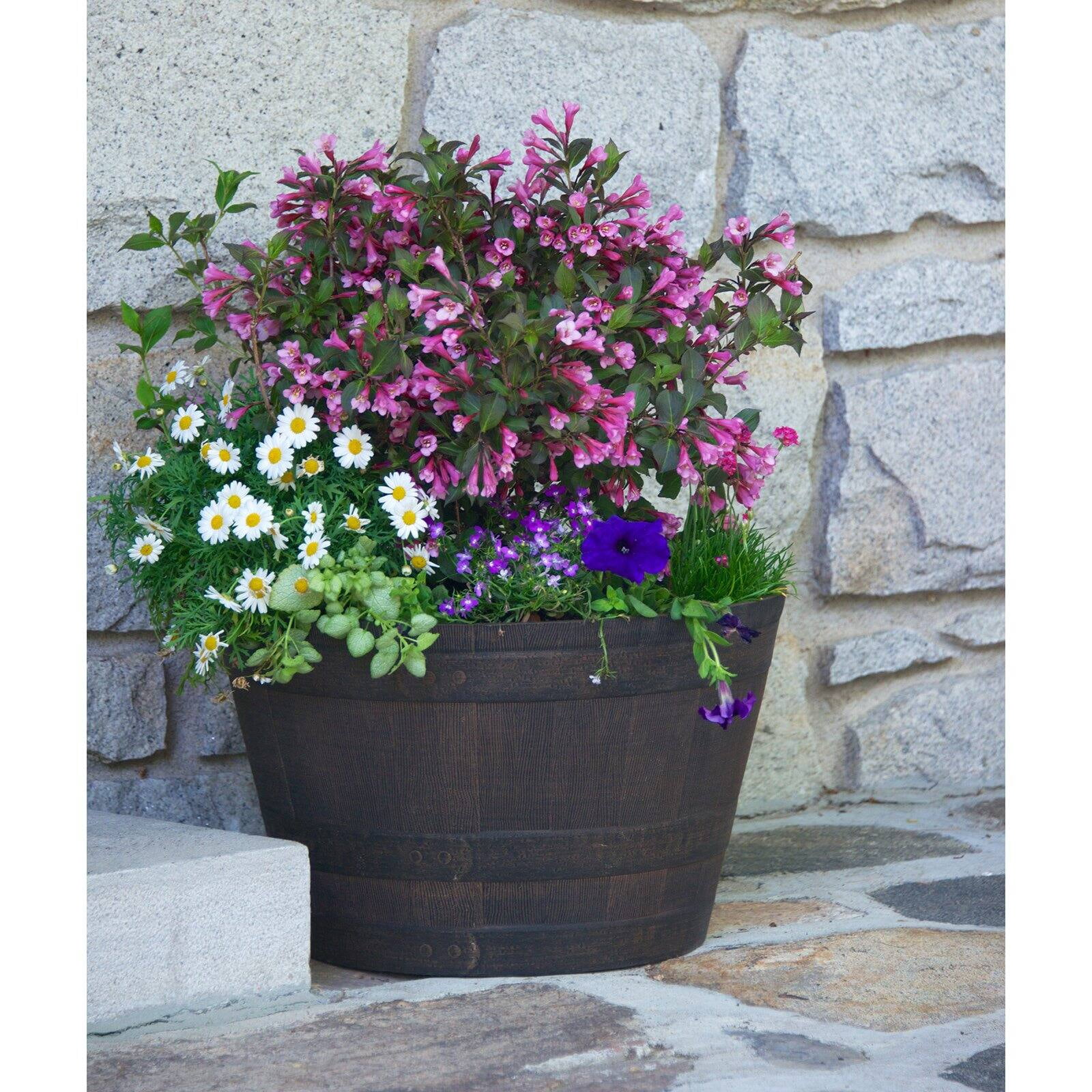 Ace Trading 19'' x 16'' x 9.21'' Round Birch Plastic and Resin Whiskey Barrel Planter