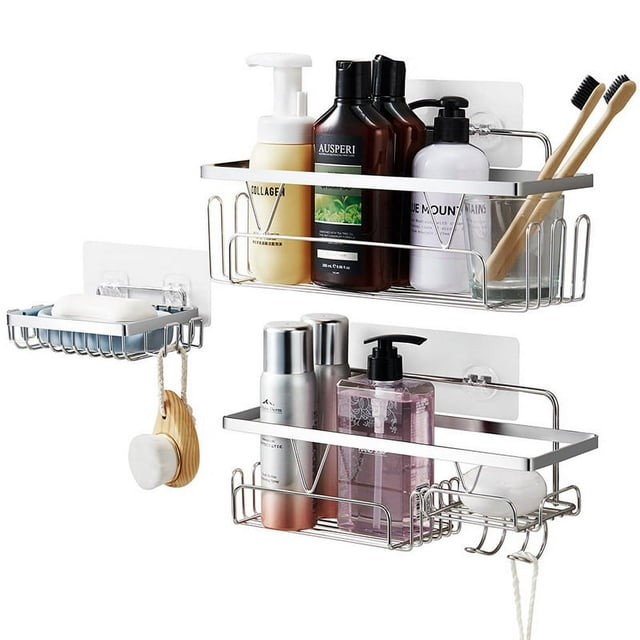 3-Pack Shower Storage Rack with 11 Hooks for Hanging Shower Ball and Razor Shampoo Holder Organizer No Drilling Shower Shelf with 4 Traceless Adhesive Hooks