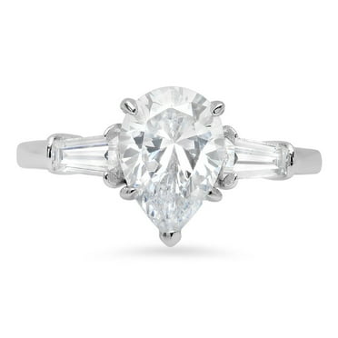 2.3 ct Pear Cut Real Genuine Natural Diamond VS1-VS2 J-K 18K White Gold Three-Stone Promise Wedding Statement Engagement Designer Ring W/ Crystal side stones size 3.5