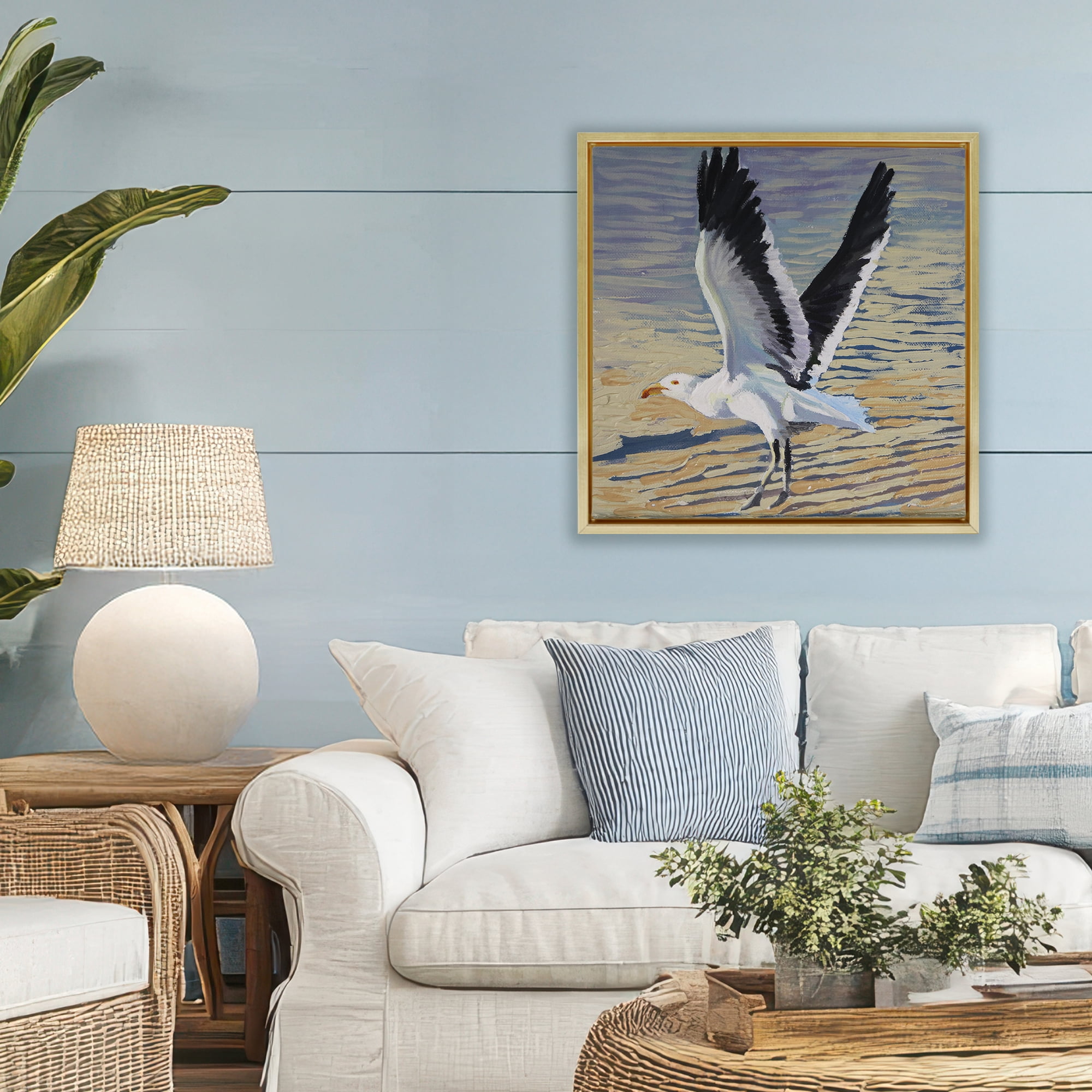 Stupell Industries Seagull Taking Flight Gold Framed Floater Canvas Wall Art, design by Violeta Vollmer