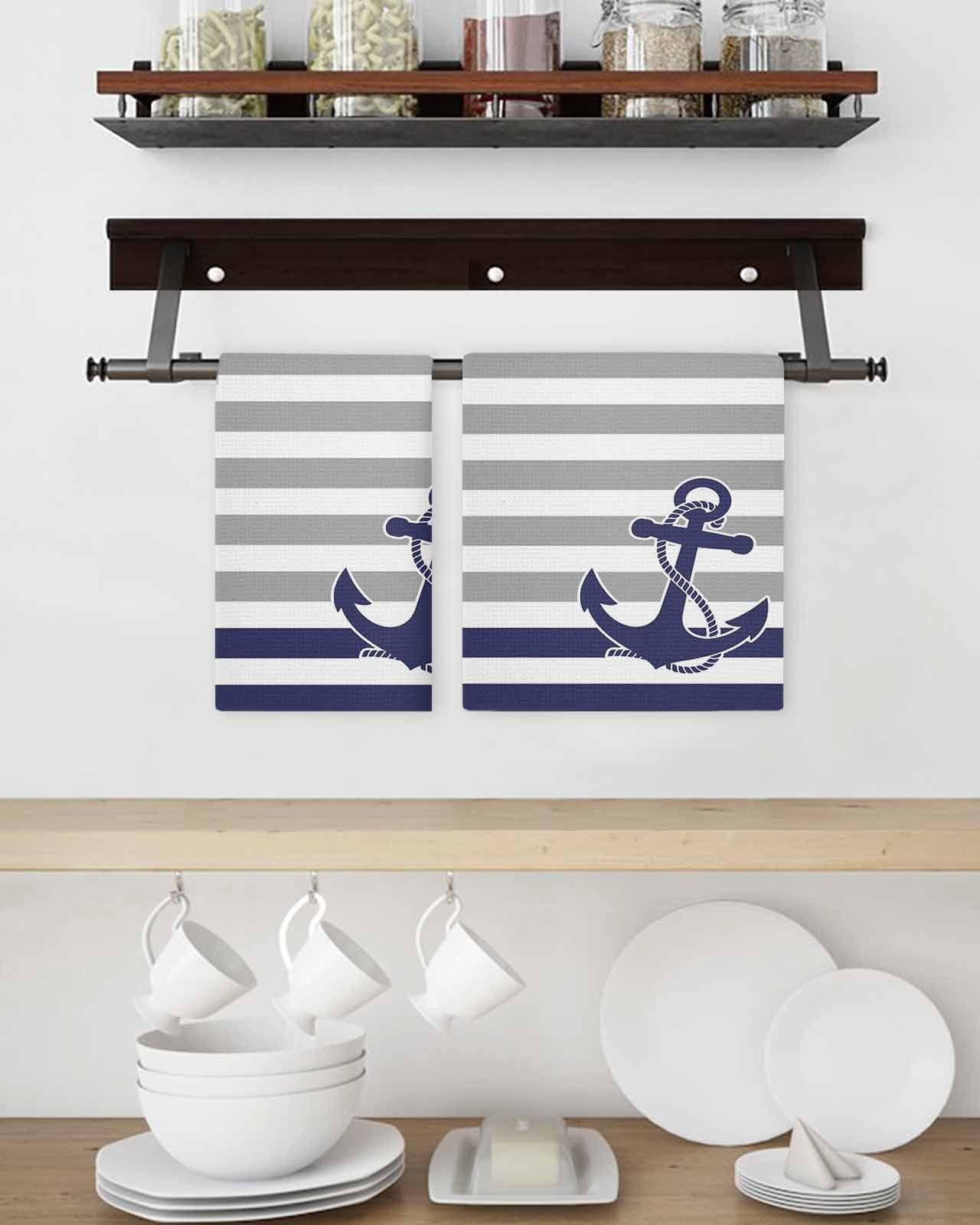 Anchor Gray Kitchen Dish Towels for Drying Dishes Set of 4, Modern Navy Blue White Striped Nautical Waffle Weave Microfiber Hand Tea Bathroom Towels Quick Dry & Absorbent Towel 15.7x23.6