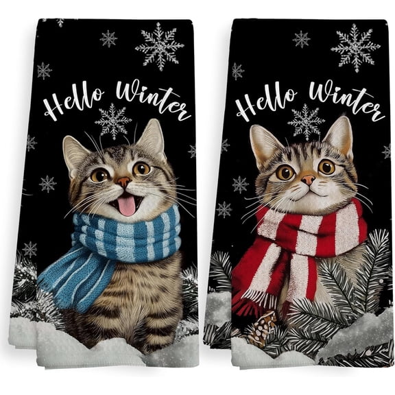 Set of 2 Hello Winter Cat Kitchen Towels Dishcloths, Christmas Cat Gifts for Cat Lovers, Cat Kitchen Accessories, Cat Snowflake Christmas Dish Hand Tea Towels for Bathroom Kitchen Bar, 16x24 inch