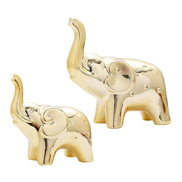 Figura de elefante de 2 piezas, estatua de animal, artesanía de la suerte para el porche, el escritorio y la sala de estar Oro