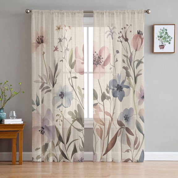 ERUNPONLY Farmhouse Flowers Sheer Curtains 72 Inch Length 2 Panels Set, Retro Watercolor Floral Herbs Plants Voile Window Treatment Curtains Sheers Drapes for Bedroom/Living Room/Kitchen 52"x72"x2