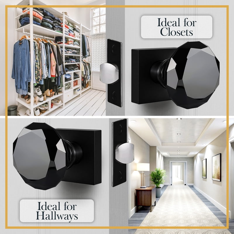 Balin Designs Black Crystal Door Knob, Glass Door Knobs Interior Non-Locking Set, Square Antique Decorative Vintage Style for Hallway, Closet, Passage Doors, 1 Pack