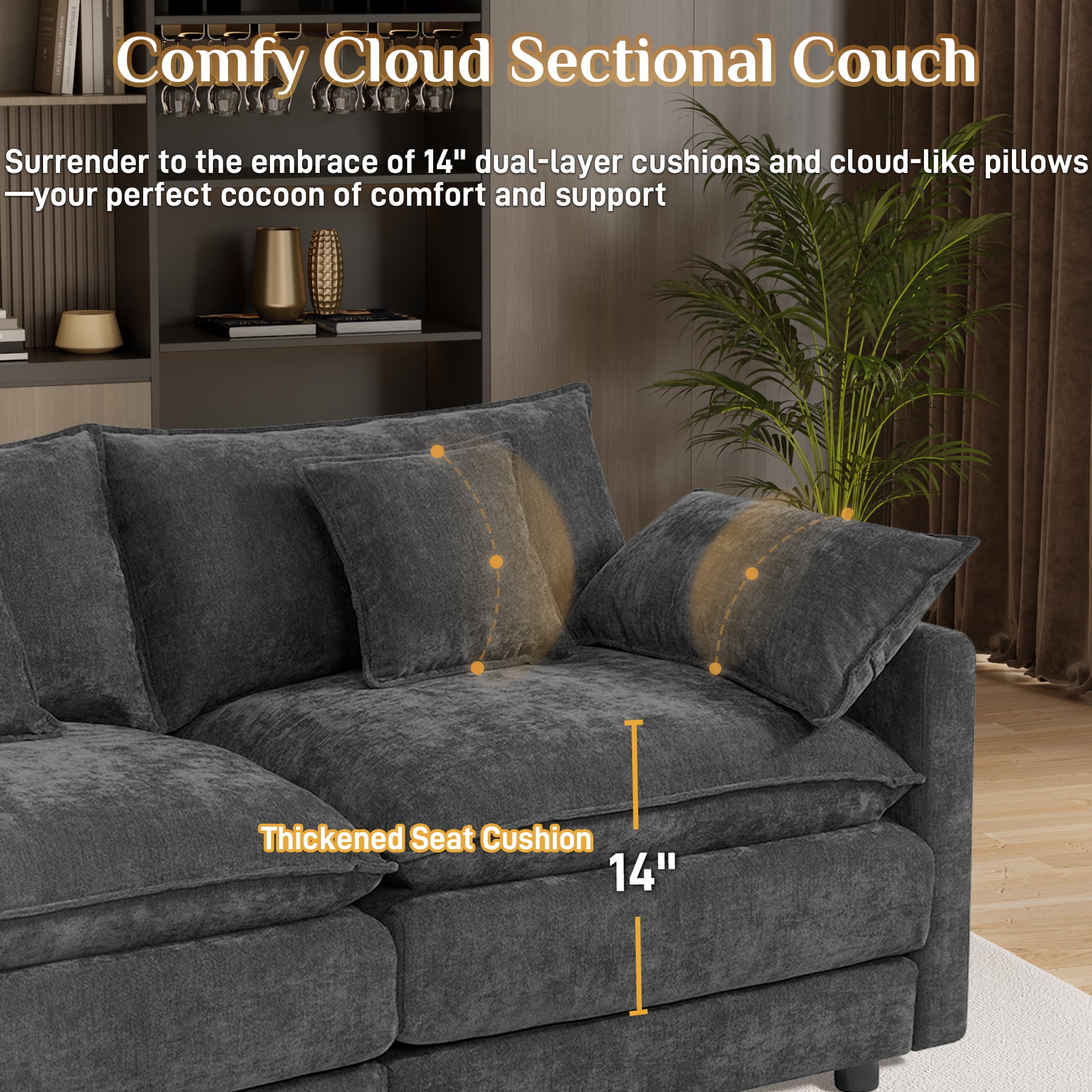 Wiilayok 145" U Shaped Sectional Sofa,Chenille Cloud Modular Sectional Sofa Couch Set with Double Chaise,Central Console,Cup Holder for Living Room,Black