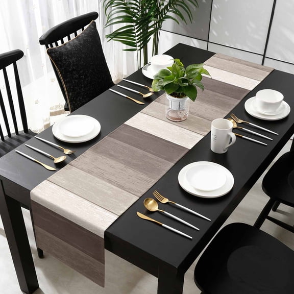 Brown Beige Ombre Cotton Linen Small Table Runner 13 x 60 inch Farmhouse Vintage Wooden Striped Non-slip Rectangular Dining Table Decor for Wedding Party Holiday Dinner