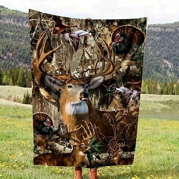 1pc Forest Wildlife Flannel Throw Blanket - Deer & Turkey Camouflage Print, Soft All-Season Cozy Blanket for Camping, Picnics, Sofa & Travel, Contemporary Outdoor & Home Decor, Natureinspired Design,