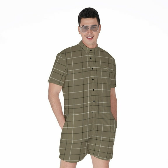 Sage Green Tattersall Pattern Short Sleeve Men'S Rompers Casual Summer Jumpsuits Outfit