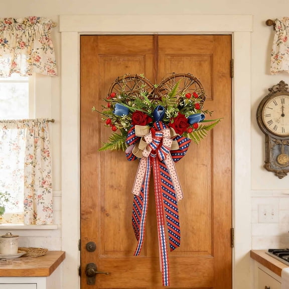 Memorial Day Decorations, Patriotic American Flag Wreath with Greenery, Red White Blue Floral Wreath, Great Gift for 4th of July Americana Decor Decoration