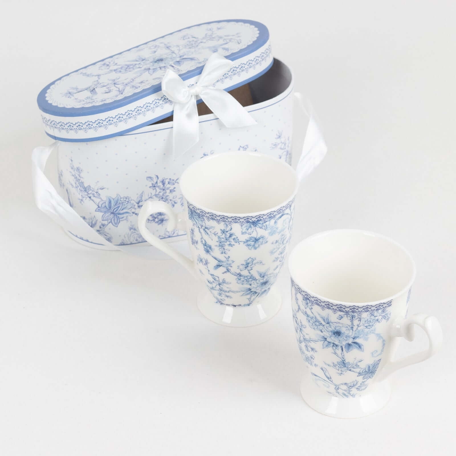 Efavormart 2 Pack White Blue Chinoiserie Porcelain Coffee Mugs With Gift Box and Satin Ribbon Handle, Bridal Shower Gift Set