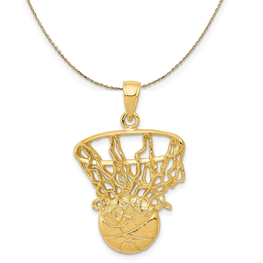14k Yellow Gold Large Swoosh Basketball Through Net Necklace - 24