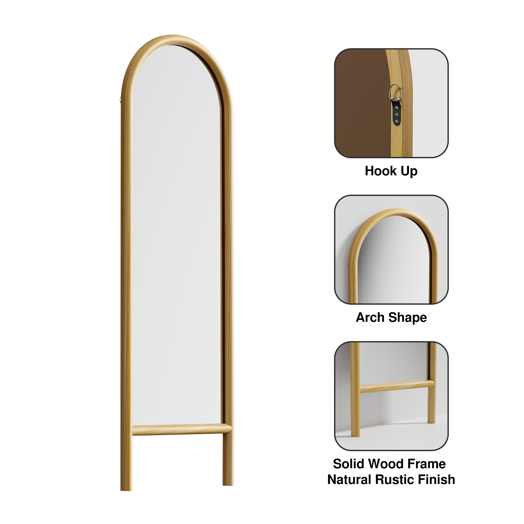 64"x21" Wood Ladder Arched Floor Mirror Full Length Mirror,Natural Color