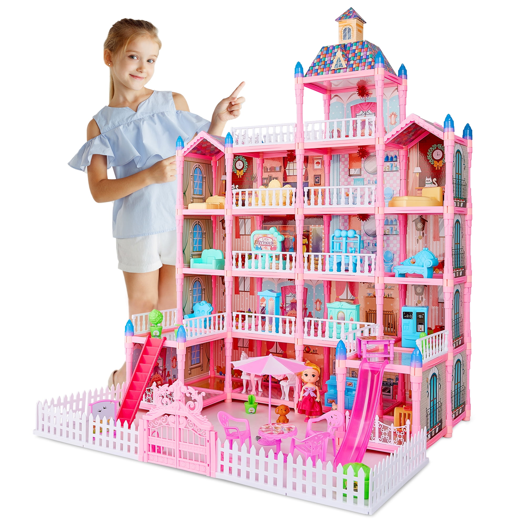 Gymax 28'' Pink Play Dollhouse Set for Kids, 3 Levels, Rooms Gymax 28'' Pink Play Dollhouse Set for Kids, 3 Levels, Rooms