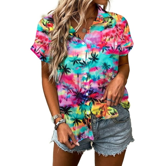 MOUSYA Women Hawaiian Shirt Soft Cool Summer Hawaii Tshirts Beach Tropic Print V Neck Button up Tops Floral Short Sleeve Tops