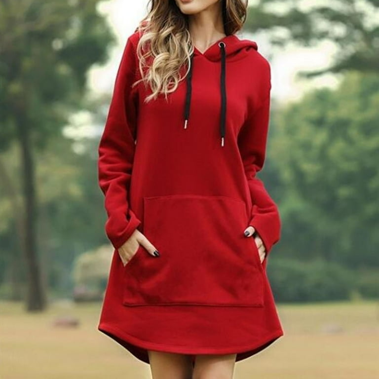 Fall Winter Dress Hooded Long Sleeves Big Patch Pocket Drawstring Above  Knee Length Plus Size Loose Solid Color Thick Mini Dress - Walmart.com