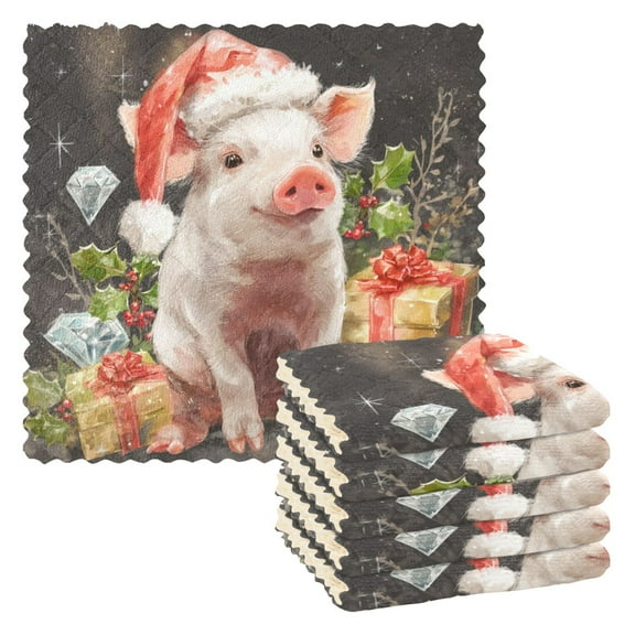 6 Pieces of Kitchen Towels 11x11Inch Kitchen Dish Cloths Kitchen Dish Towels Reuseable Cleaning Cloths Warm Christmas Pig
