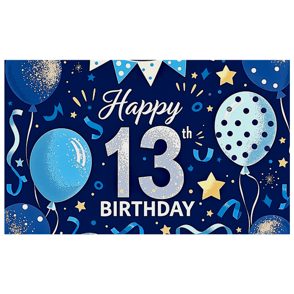 Blue Themed 13th Birthday Banner with Balloons Stars and Streamers Background Happy Birthday Party Supplies Photography Props Backdrop Decors Birthday Decoration Party Decorations