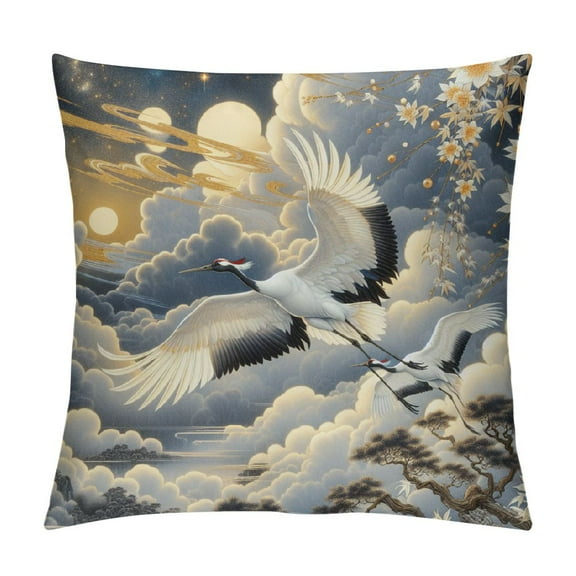 Shiartex Black Oriental Throw Pillow Covers Set of Decorative Birds Crane Pillow Cases Asian Japanese Couch Cushion Covers Home Decor for Sofa Bedroom Living Room๏ผMulti-Size