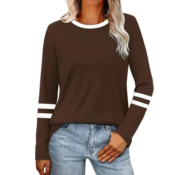 Women's Long Sleeve Shirts Casual Color Block Crewneck Tops Tshirt Basic Tee Trendy Outfits
