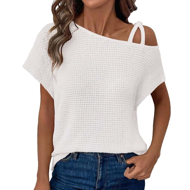 Top de manga corta de punto con hombros descubiertos para mujer - Blusa informal ligera - Conjunto de verano de color liso - S-XXL