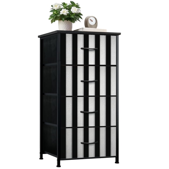 Dresser for Bedroom with 4 Storage Drawers Striped black white Dressers Chest of Drawers Steel Framed Fabric Closet Organizers for Living Room Hallway Entryway Closet Dorm