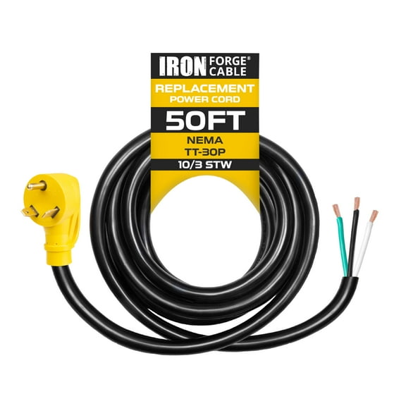 Iron Forge Cable 30 Amp RV Replacement Cord 50 ft - 10/3 RV Extension Cord 50 Foot NEMA TT-30P to Open End 3 Wire - Heavy Duty 10 Gauge STW RV Cord