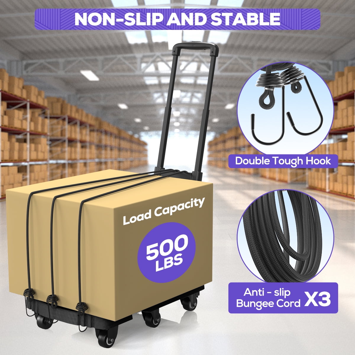 TNTANTS Folding Hand Truck, 500 LB Heavy Duty Portable Dolly Cart, 6 Wheels Collapsible Luggage Trolley with 3 Elastic Ropes, Hand Cart for Travel, Moving, Shopping, Black