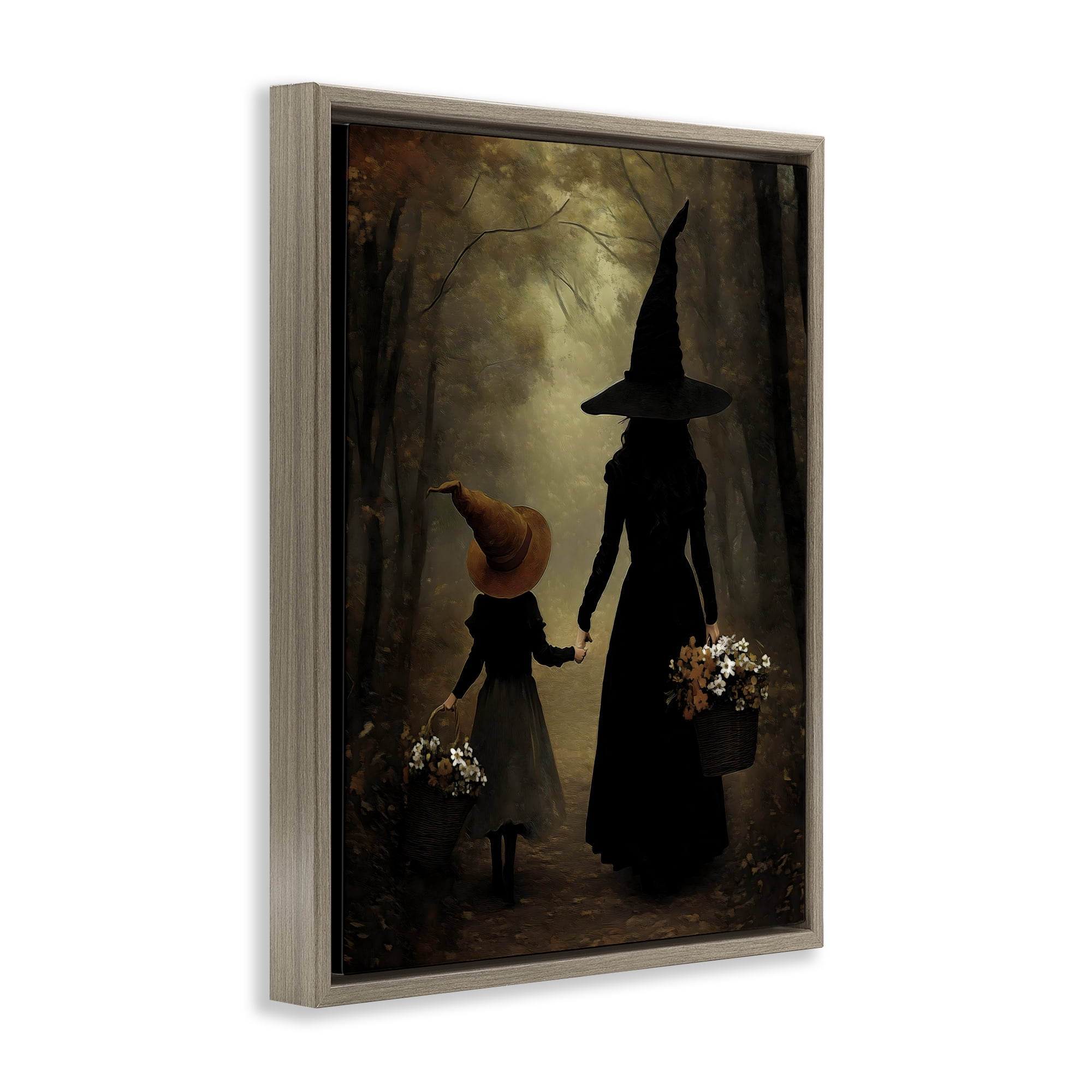 Witch & Daughter Mystical Forest Brown Framed Floater Canvas Wall Art, design by Arlington Prints