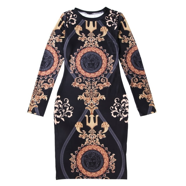 ITFABS Robe de Soirée Moulante à Manches Longues à Col Rond pour Femme avec Motifs Imprimés