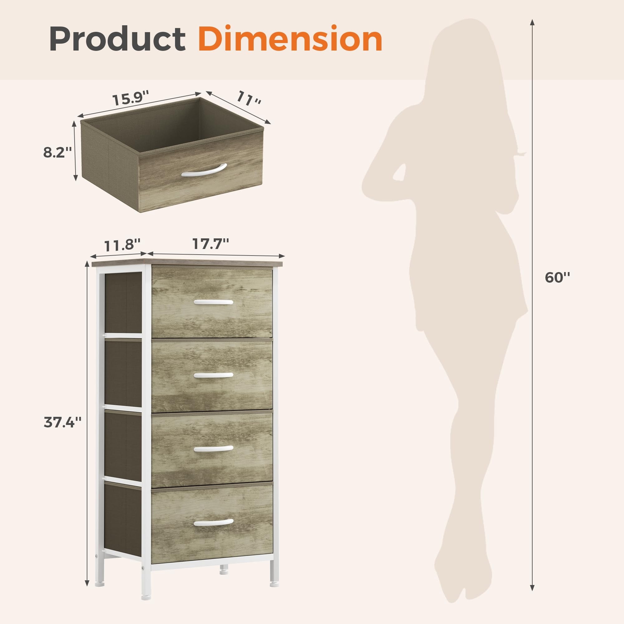 Telyra 4-Drawer Fabric Dresser 37.4" Tall Storage Tower with Wood Top and Steel Frame Narrow Organizer, Oak Greige