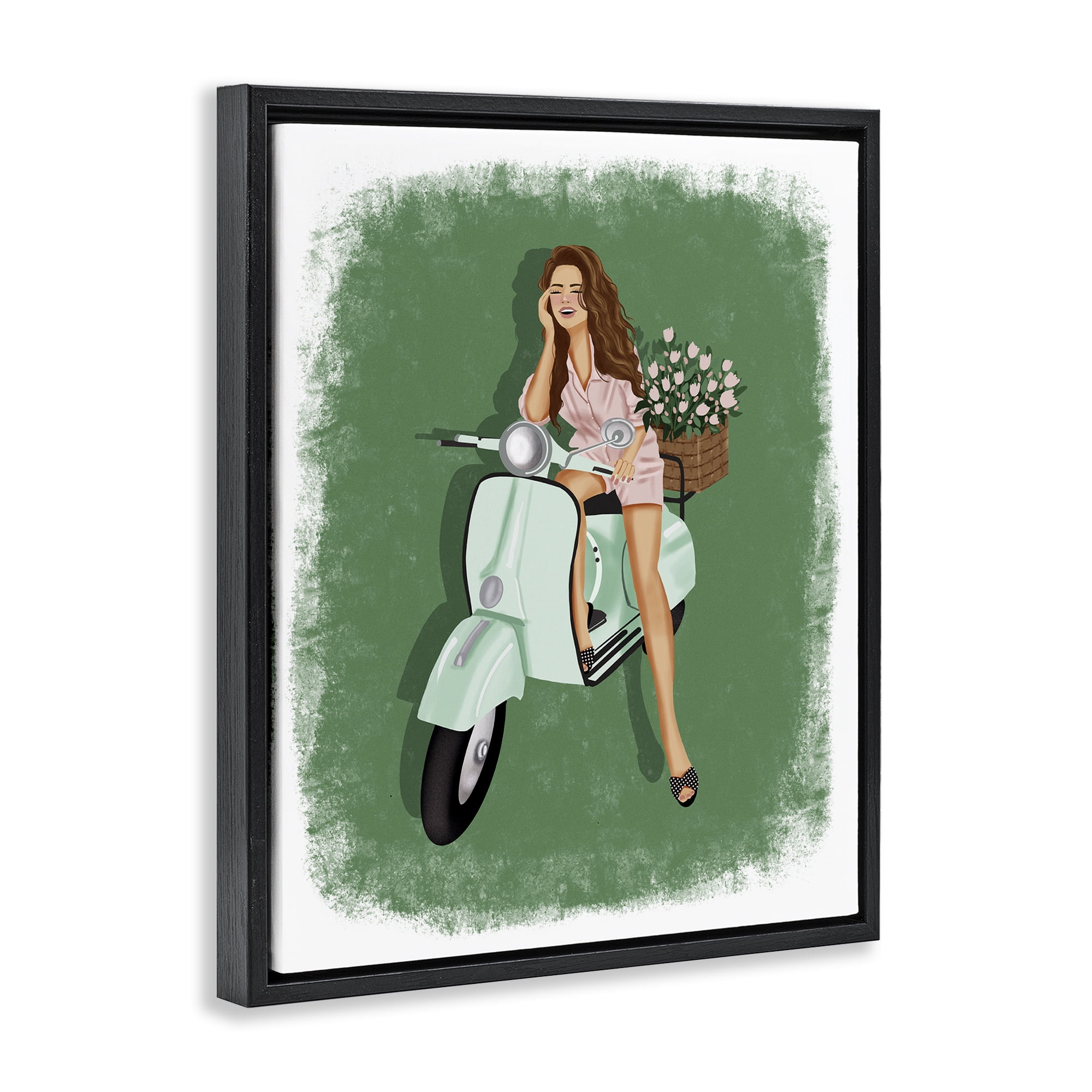Stupell Industries Laughing Girl on Scooter People Painting Black Floater Framed Canvas Art Print Wall Art, 17 x 21