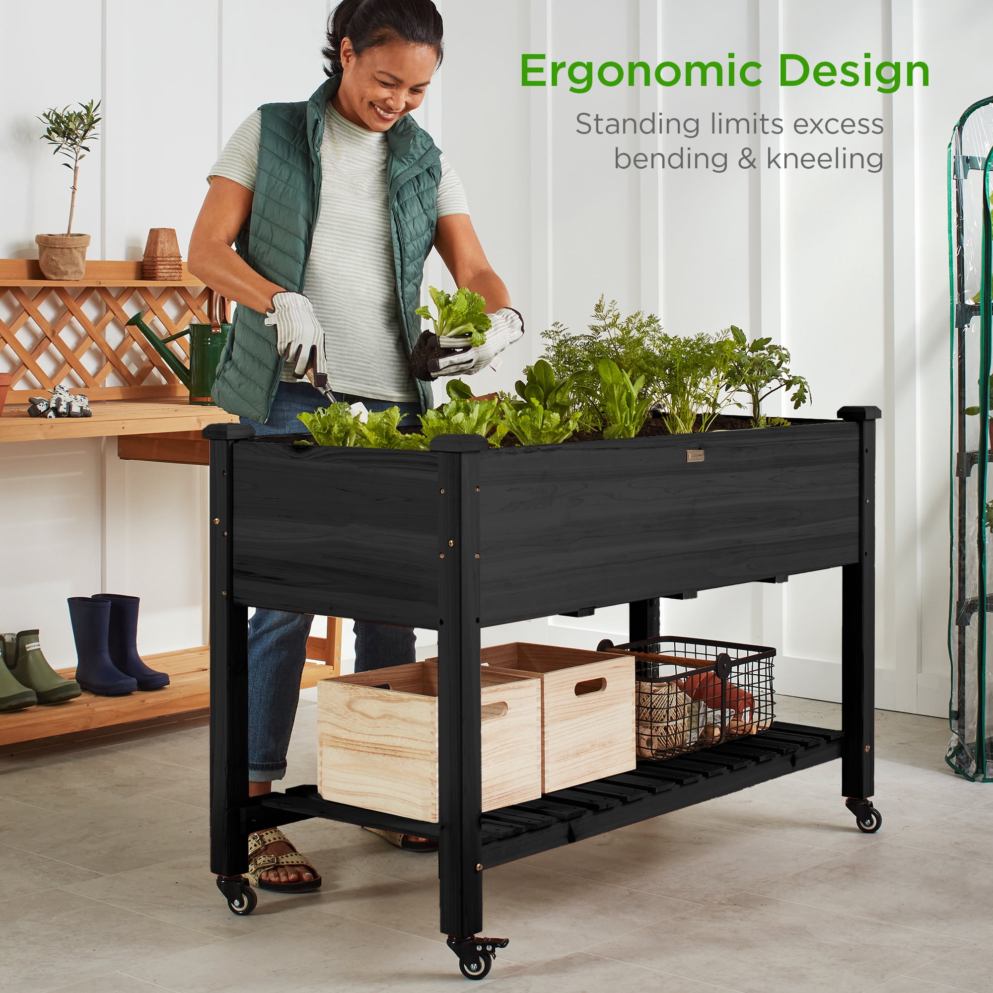 Best Choice Products Raised Garden Bed 48x24x32in Mobile Elevated Planter w/ Wheel Locks, Shelf, Liner - Black