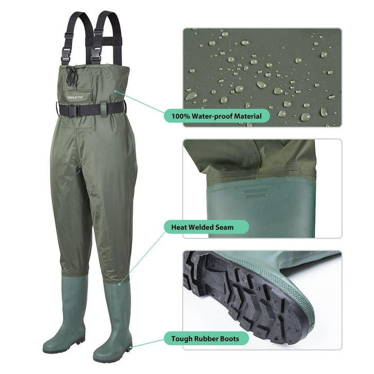 Triple Tree Chest Waders, Fishing Hunting Waders with Non-Slip Boots  Unisex, Two-Ply Waterproof Nylon and PVC Bootfoot Wader, Green Size 12