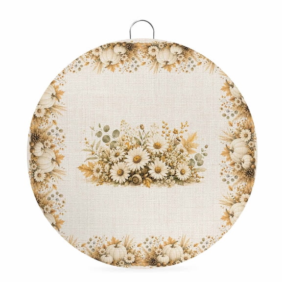 Welcome Sign for Front Door, Thanksgiving Round Metal Wall Art Wreaths, Beige Fall White Pumpkin Daisy Cones Leaves Outdoor Indoor Wall Hanging Sign for Porch Decor Housewarming Gifts 7.9 Inch