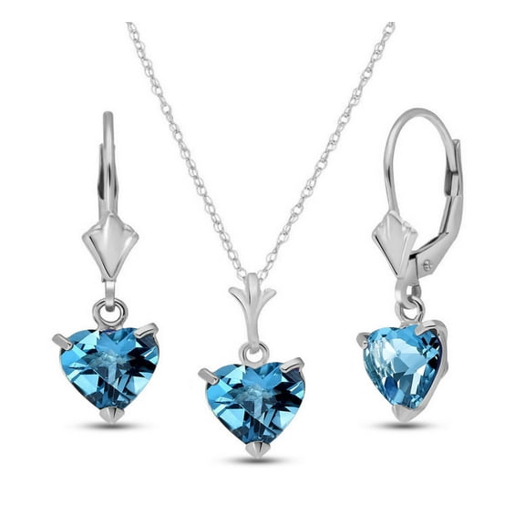 Galaxy Gold 14k White Gold Jewelry Set - Necklace and Earrings w/ Natural Heart-shaped Blue Topaz