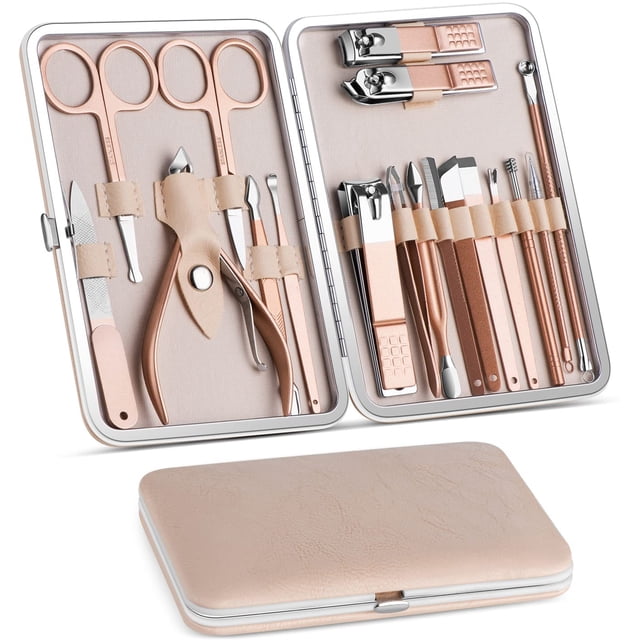 Set de manicura, kit de pedicura, cortaúñas, kit de aseo profesional, herramientas para uñas 18 en 1 con lujoso estuche de viaje para hombres y mujeres