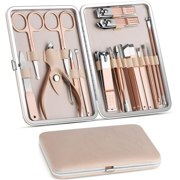 Set de manicura, kit de pedicura, cortaúñas, kit de aseo profesional, herramientas para uñas 18 en 1 con lujoso estuche de viaje para hombres y mujeres