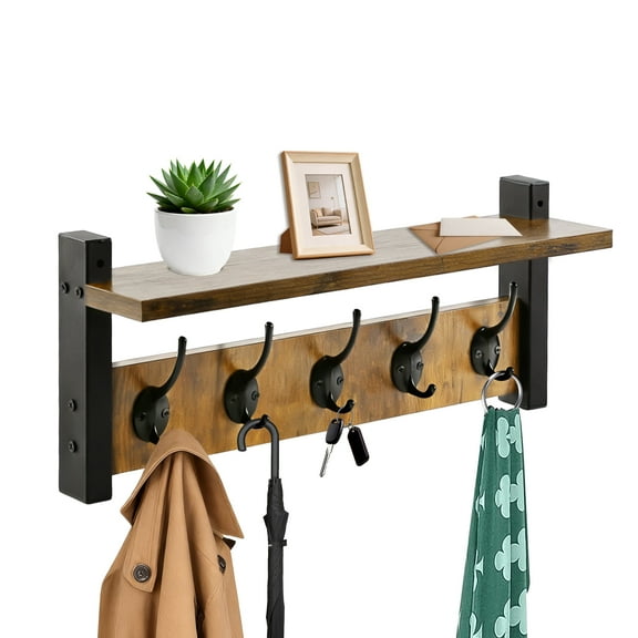 Aovky Coat Rack with Shelf, Coat Rack Wall Mount with 5 Hooks Wood Wall Coat Hanger with Shelf for Entryway, Bathroom, Living Room, Bedroom, Kitchen, Hallway, Balcony, Rustic Brown