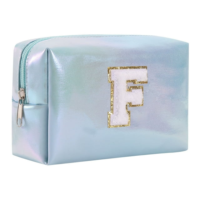 Bolsa de maquillaje con letras bordadas de gran capacidad, neceser, bolsa de viaje, bolso de mano, bolso de cosméticos, azul