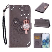 Feishell Samsung S22 Case Owl Pattern Glitter Sparkly Gems Shockproof PU Leather Wallet Cover Flip Stand Card Slots Magnetic Diamond Bling Folio Case for Samsung Galaxy S22, Gray