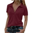 thumbnail image 2 of Hot days, bold styles Olyvenn Lapel Collar V Neck T-Shirts for Women Short Sleeve Basic Blouse 2025 Summer Loose Fit Casual Tunic Tops Wine XXL, 2 of 6