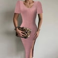 thumbnail image 2 of EQWLJWE Robes d'Été pour Femmes 2023 Mode Féminine Couleur Unie Aguichant Manches Courtes Robe Tricotée Fendue, 2 of 8