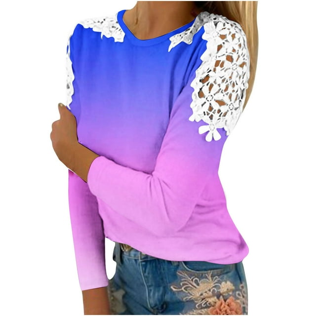 CEHVOM Blouse d'Été Décontractée à Manches Longues pour Femmes Col Rond Imprimé Dentelle T-Shirt Liquidation