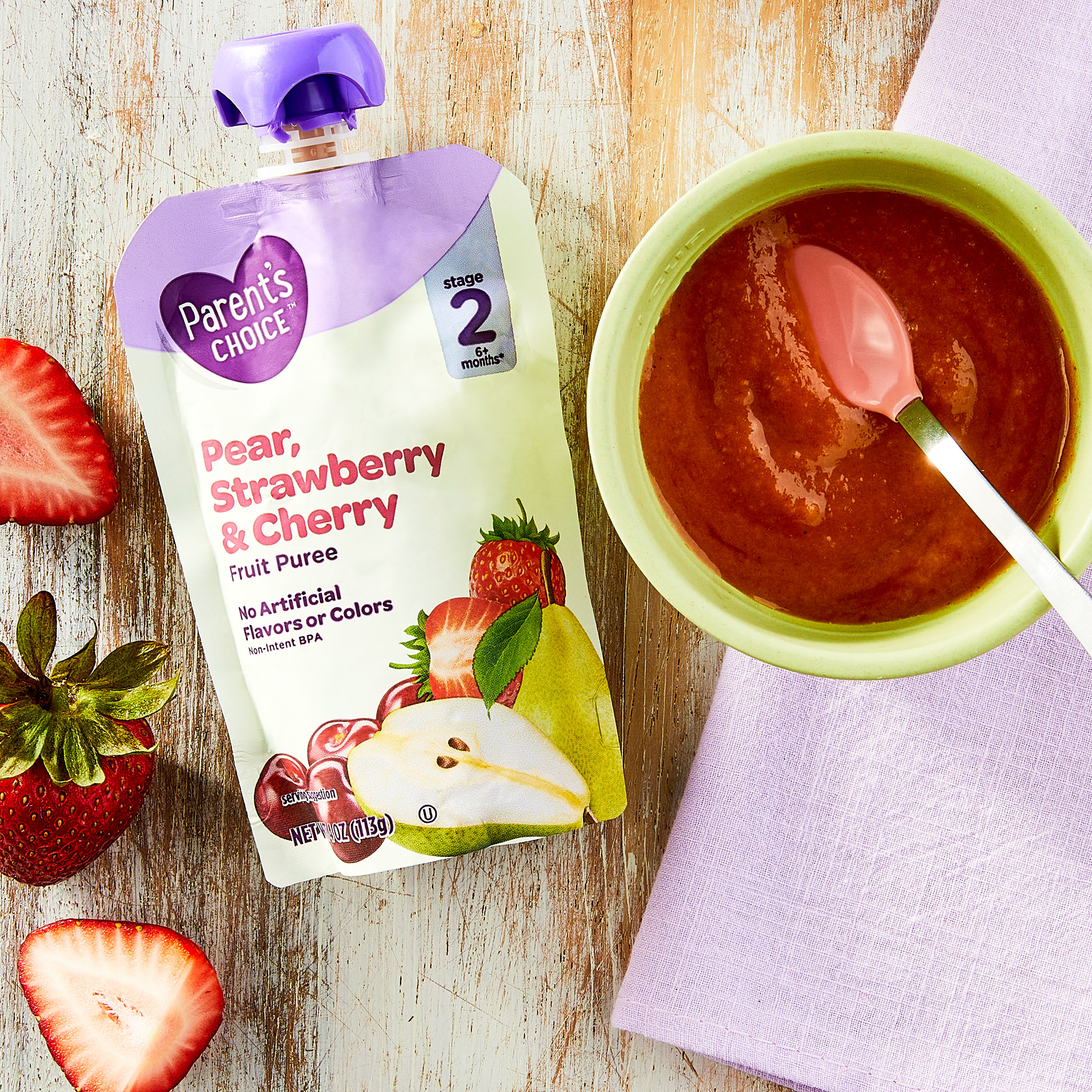 (Paquete de 3) Puré de frutas de pera, fresa y cereza Parent's Choice Etapa 2, Bolsa de 4 oz 2
