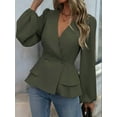 thumbnail image 6 of Women'S Elegant Solid Color Double Breasted Ruffle V-Neck Long Sleeved Shirt  Green XL, 6 of 8