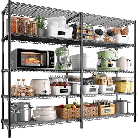 REIBII1450LBS Metal Shelving Unit Storage Shelves 5 Tier Wire Shelving 58.1''W Pantry Shelves Wire Shelf Adjustable Garage Shelving Heavy Duty Storage Rack for Pantry Kitchen Garage, Black