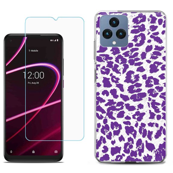 Slim-Fit Gel TPU Fashion Phone Case for T-Mobile Revvl 6 5G, with Tempered Glass Screen Protector, by OneToughShield ® - Cheetah Purple