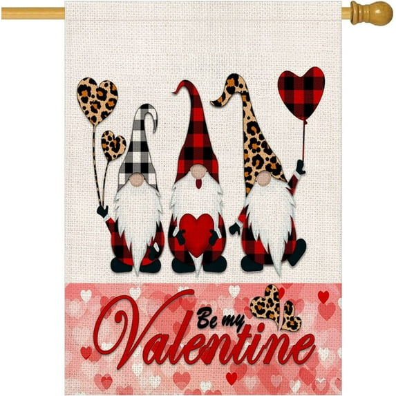 Valentine''s Day House Flag 28 x 40 Inch Double Sided-Burlap Buffalo Check Plaid Love Heart Leopard Gnome House Flag for Yard Outdoor Banner Be My Valentine Flags (HF-A)