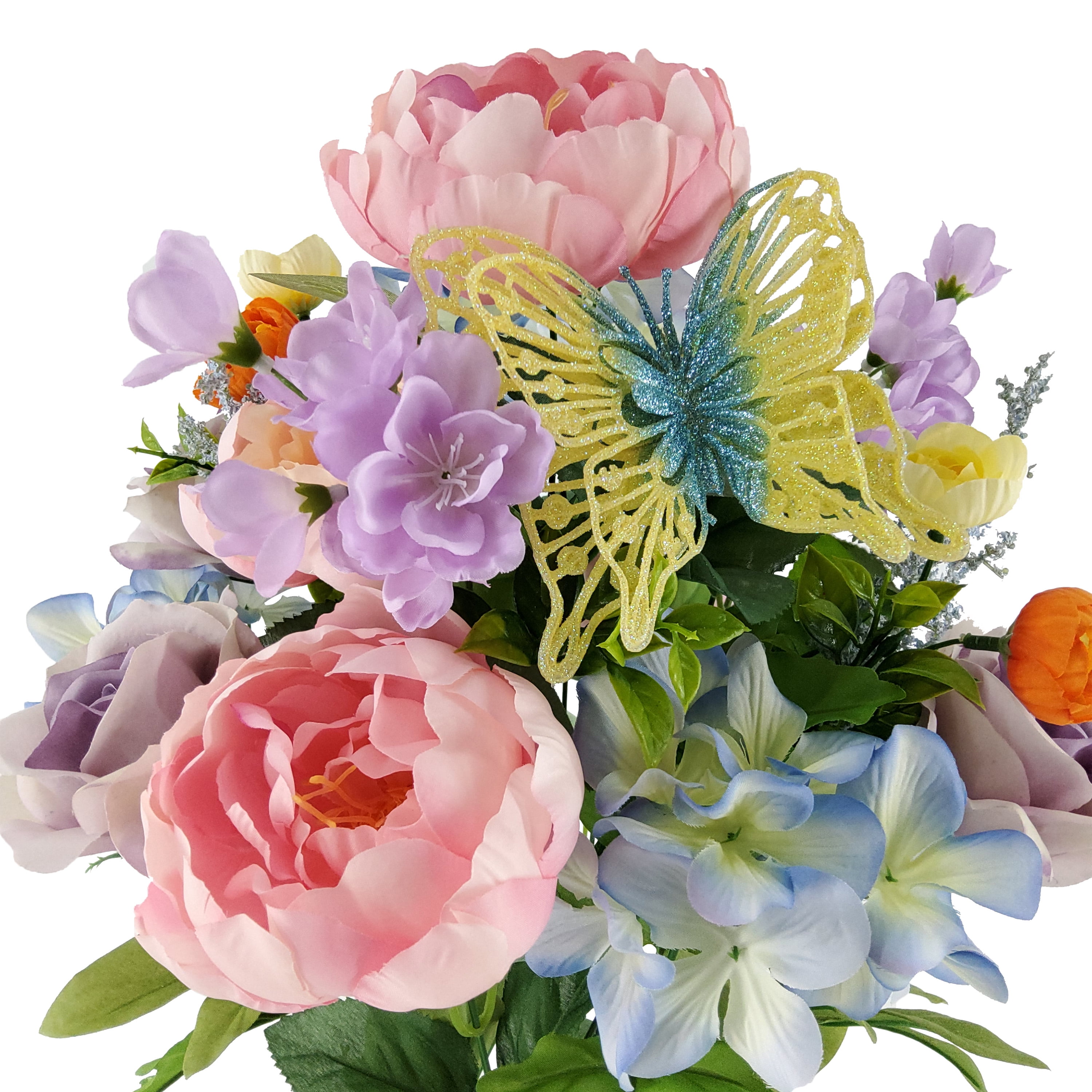 Mainstays 21in Indoor and Outdoor Artificial Mixed Butterfly Bouquet, Pink Peony & Purple Rose.